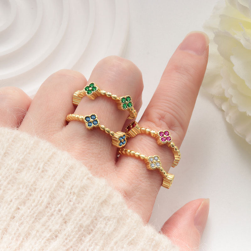 Flower Petal Ring With Colorful Diamond Inlays In Copper