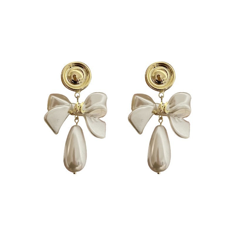 French Style Vintage Bow Water Drop Pearl Stud Earrings