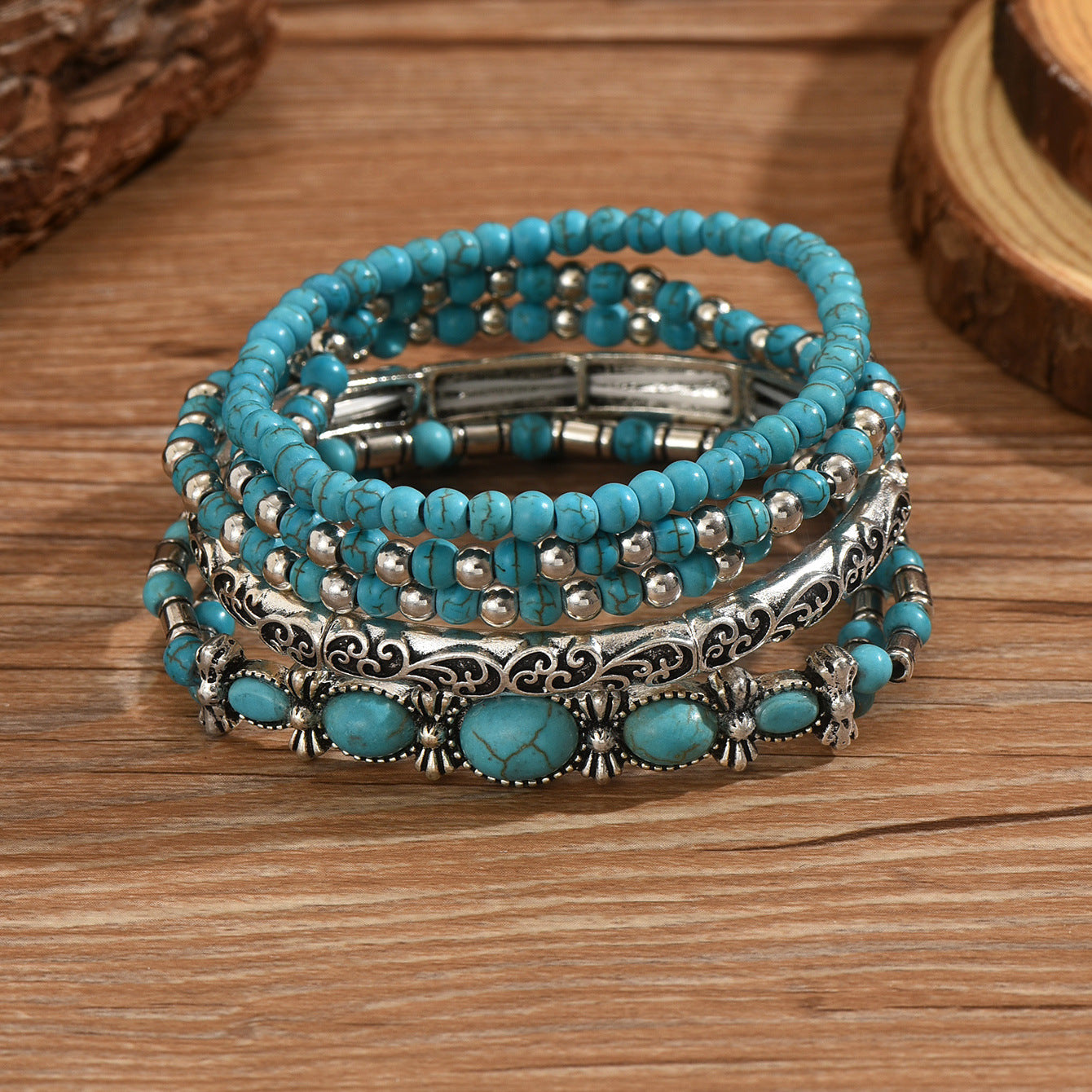 Beaded Bow Bracelet Set Vintage Turquoise Bracelet 5-Piece Set